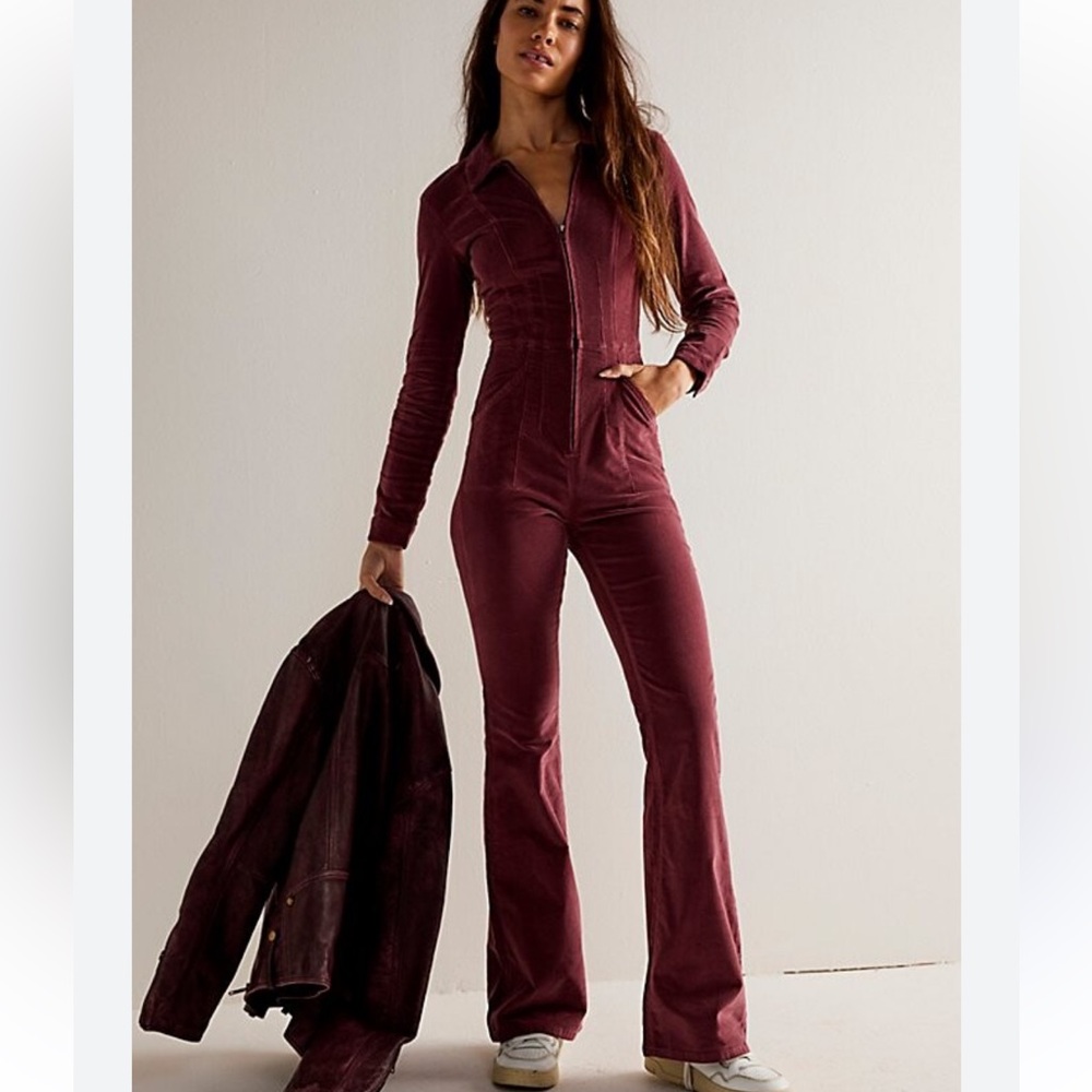 Free People Corduroy Zip-Front Jumpsuit in Burgundy